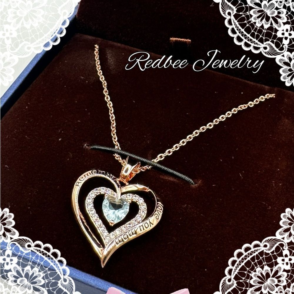 NIB Redbee‎ 18kt GP, Rose gold over s925, "Aquamarine" CZ in heart necklace!